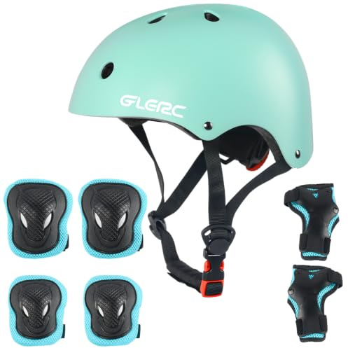 Glerc Juego de equipo de protección de casco infantil, rodillera, codo y muñeca, para niños mayores de 8 años, casco de monopatín ajustable para monopatín, scooter, talla M, verde menta