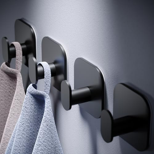 Aikzik Handtuchhalter ohne Bohren Schwarz, Haken Selbstklebend Edelstahl Wasserfeste Klebehaken, Ideal für Badzimmer Türhaken Küche Büro