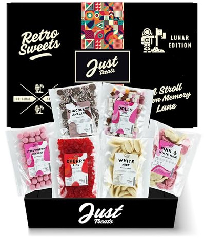Just Treats Lunar Sweet Six Choc Hamper - Strawberry Bonbons, Choc Jazzles, Dolly Mixture, Pink and White Mice, Squirrel Cherry Lips and White Mice (3,5,7,23,25,31)