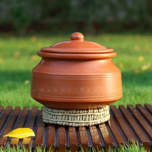 Swadeshi Blessings Unglazed Clay Pot for Cooking with Lid/Lead Free Clay Cooking Pot/Earthen Pot/Clay Handi/Earthen Kadai/Curry, Biryani Pots & Free ASH for Cleaning (5 Liters) | Chemical-Free, Multi-Use Clay Cookware, Earthen Kadai, Mud Handi, Mitti Ke Bartan, Biryani Pot, Free Cleanser&Palm Leaf Stand