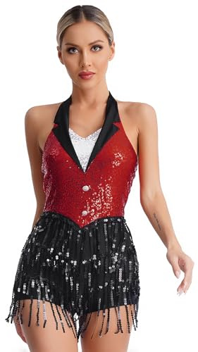 iiniim Damen Latein Tanzkleid Glitzer Ballettkleid Pailletten Fransen Jumpsuit Overall Jazz Tanzkleidung Ballsaal Show Performance Tanzkostüm Rot L