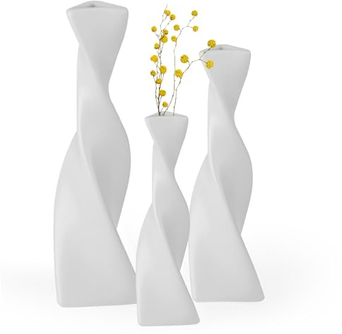 Grünara Vasen 3er Set - Weiße Keramik Vase Satz von 3 für Moderne Home Decor, Blumenvase für Pampasgras und Trockenblumen