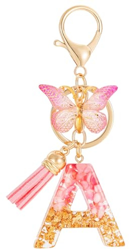 MWOOT Initiale Letter Keychains Porte Clé Lettre A,Alphabet Initial Keyring avec Papillon Pendentif,Rose Feuille D'or Key Ring pour Femmes Filles Portefeuilles Sac à Main Bagages Charme(A)