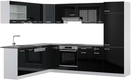 Vicco Eckküche R-Line, Schwarz Hochglanz/Weiß, 287 x 227 cm | 12 Module · Höhenverstellbare Füße · AP Anthrazit inkl. · Robuste Fronten · Mit Kühlschrankumbauschrank