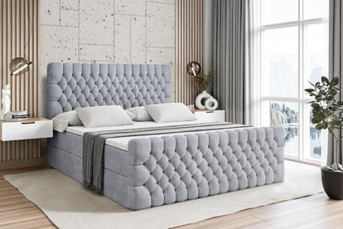 ALTDECOR Boxbett mit H3-Matratze Fußteil Serene-Z - 200x200 - Grau | Lattenrost, Topper, Boxspringbett mit Bettkasten, Bett mit Stauraum, Doppelbett, Polsterbett