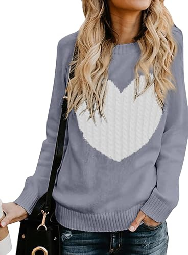 QIXING Women's Jumper Heart-Shaped Cable Knit Winter Sweater Round Neck Long Sleeve Valentine's Day Pullover for Mother Girlfriend