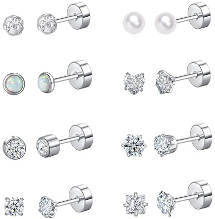 FANCH 8Pairs Flat Back Earrings for Women Titanium Earrings Hypoallergenic | 316L Stainless Steel Tiny 5A+ CZ Ball Opal Earrings Screwback Stud Earrings Helix Tragus Cartilage Piercing Jewellery