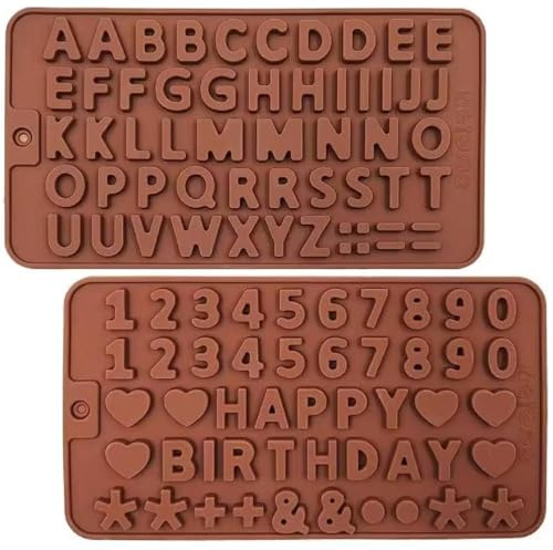 VIKKI Alphabet Silicone Mould Set, 2 Packs Silicone Happy Birthday Mould Letters and Numbers Symbols Chocolate Molds for Cake Decoration Baking DIY Fondant Biscuit Gummy Dessert wit Dropper