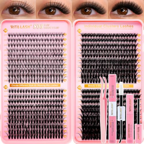 RITALASH DIY Eyelash Extension Kit, 800PCS Cluster Lash Book Set with Bond & Seal, Remover, Tweezers, D-Curl Lashes in 8-16mm (20D+40D+60D+100D Kit)