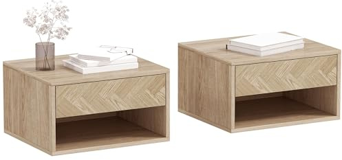 HOMCOM Juego de 2 Mesitas de Noche Flotantes, Mesillas de Noche con Cajón, Estante Abierto, para Dormitorio, Salón, 37x32x21 cm, Natural