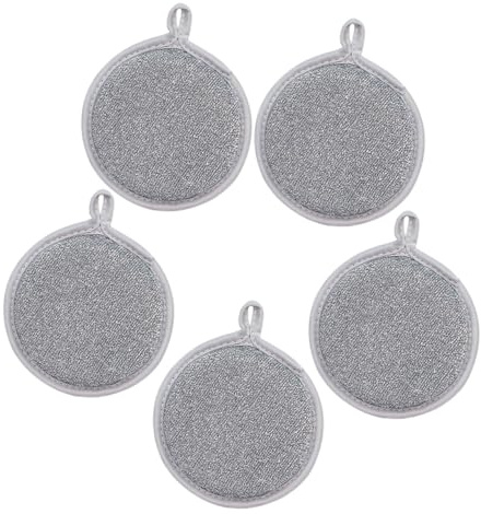BEBEMOKO Spugne Doppio Lato in Filo Metallico 5 Pezzi, Panni Per La Pulizia Riutilizzabili Spugna Ad Alta Densità, Set Multifunzionale Per Lavaggio Piatti, Pentole e Pulizia Cucina Anello Salvaspazio