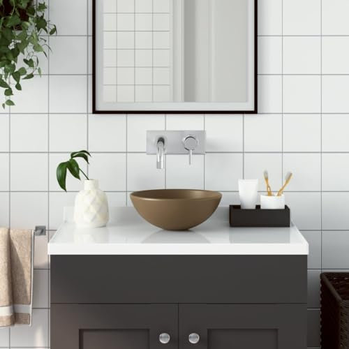 Xichuzi Lavabo de Cuarto de Baño, Lavabo sobre Encimera, Lavabo Baño, Muebles De Baño, Mueble Lavabo, Redondo cerámica Crema Mate