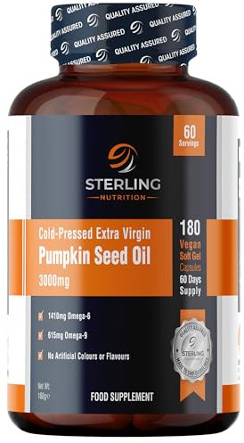 Cold Pressed Extra Virgin Pumpkin Seed Oil Capsules - 180 Vegan Softgels for Adults, (60 Days) | High Strength 3000mg - Omega 6 & 9 for Prostate, Urinary, Hair & Heart Support | STERLING NUTRITION
