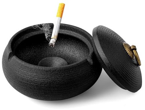 Tatxmalv Aschenbecher, Keramik Aschenbecher mit Deckel, Robuster Sturmaschenbecher Schwarz Retro Keramik, Aschenhalter für Raucher, Für den Outdoor Bereich