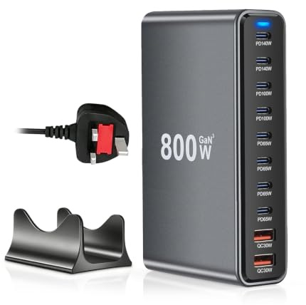 800W USB C Charging Hub, 10-Port USB C Charging Station, 8 USB-C & 2 USB-A | 800W Total Power, 10 Charging Ports, 8 USB-C & 2 USB-A, Up to 140W PD Charging, Multi-Device Charging