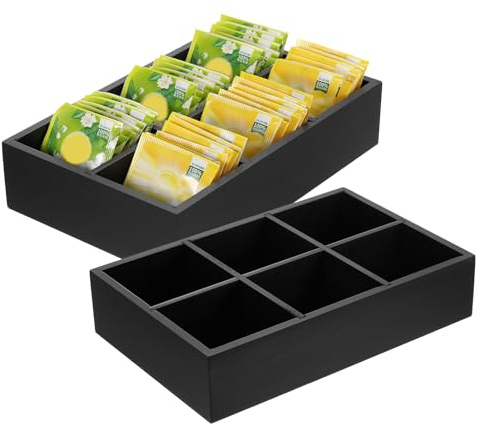 QUARKZMAN Organizzatore per Bustine di Tè, Scatola in Legno di Pino con 6 Scomparti e Maniglia, Porta Bustine di Tè per Bevande, Zucchero, Nero