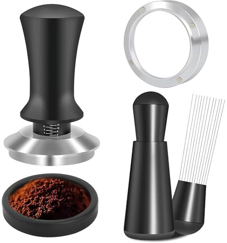 Kaffee Tamper Set, 4pcs Espresso Tamper, Kaffeemehlpresser, Barista Zubehör, Kaffee Distributor mit 51mm Espresso Tamper, Latte Art Stift und Dekorative Schablonen