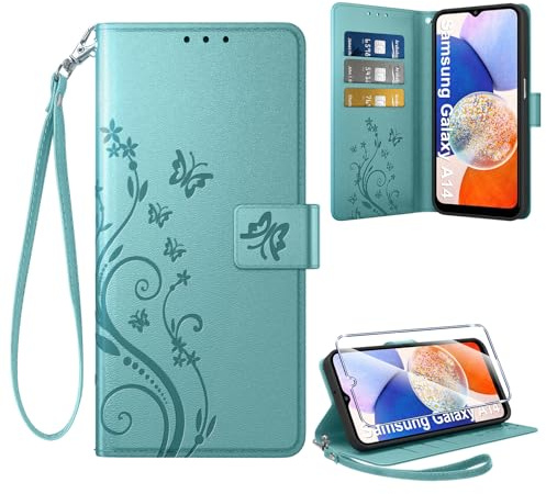 Coiwxmoi Coque pour Samsung Galaxy A14 4G/5G + 1 Verre Trempé, Retro Design Housse Premium en Cuir PU Pochette de Portefeuille pour Porte Cartes Fonction Stand Flip Etui pour Samsung A14, Vert
