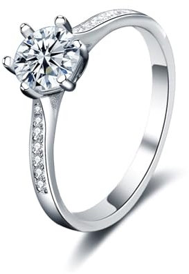 Promise Ring for Women, Ring Hochzeit 18 Karat (750) Weißgold Krone mit 1 Karat Weiß Rundschliff Laborgewachsener Diamant Größe 60 (19.1)
