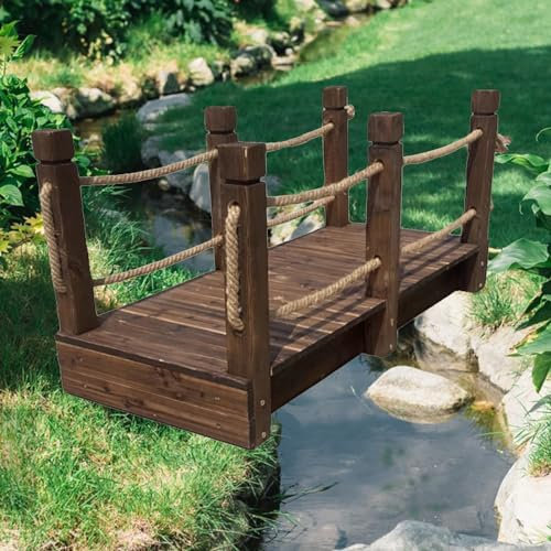 Pont de Jardin décoratif avec Rails en Corde de Jute, Pont d'étang en Bois Massif, Ornement de Jardin Rustique, passerelle en Bois pour ruisseaux d'arrière-Cour