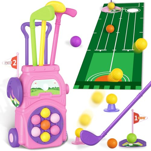 JONEG Toys for 3-8 Year Old Kids: Golf Set Toy for Toddlers, Gifts for 3 4 5 6 7 8 9 10 Year Old Boys Girls, Outdoor Indoor Sport Toy with 7 Balls, 4 Golf Clubs, 2 Practice Holes for Summer (Pink)