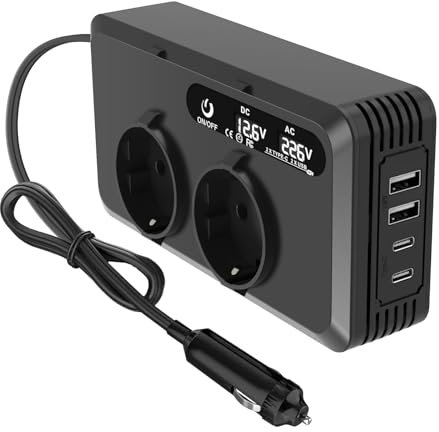 Trasformatore di tensione per auto, 200 W, inverter DC 12 V, adattatore accendisigari, con 2 prese e 2 porte USB + 2 porte di tipo C, ricarica rapida per auto, viaggi, ricarica telefoni cellulari