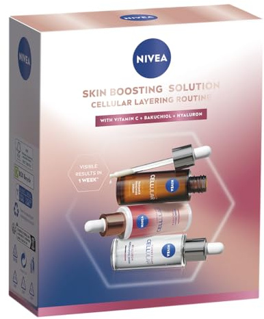 NIVEA - Coffret Routine Sérum Layering Soin Visage Anti-Âge Cellular Expert - Trio de Sérums : 3 Zones + Acide Hyaluronique + Vitamine C - Tous Types de Peaux - 3 x 30 ml