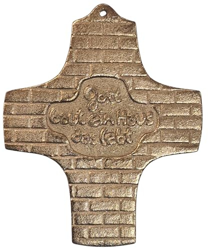 Herzmensch Haussegenkreuz klein zur Hauseinweihung und Segnung 8 x 9 cm massive Bronze gold - Wandkreuz zum Aufhängen - Gott baut ein Haus, das lebt Kreuz