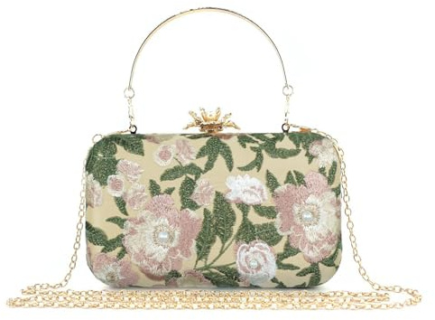 CRFASIBE Bolso de Noche Elegante para Mujer, con Bordado Floral y Detalle de Perlas, Pochette Pequeña con Cadena Desmontable, Ideal para Bodas, Cócteles y Ocasiones Especiales(Dorado)