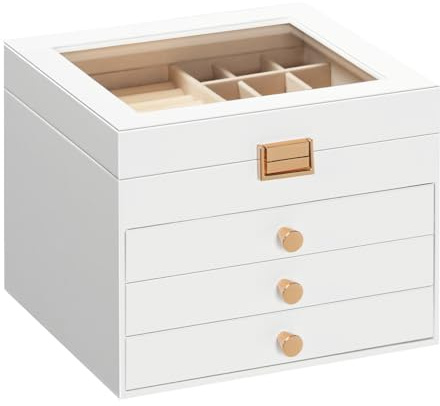 HOOBRO Caja Joyero de 4 Niveles, Caja para Joyas, Forro de Terciopelo y Tapa Abatible, 3 Cajones y Ventana Transparente de Acrílico, para Collares, Pendientes, Anillos y Relojes, Blanco EWT27JB04