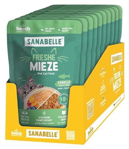 Sanabelle Freshe Mieze – öring, kalkon och kyckling, 10 x 100 g påse helt återvinningsbar, ångkokt våtfoder för katter, kattmat som nykokt, ett varumärke av Bosch husdjursmat