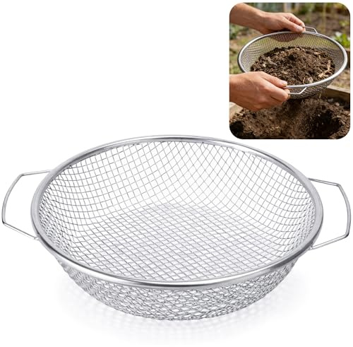 GIONAR 30CM Gartensieb-Edelstahl Erdsieb mit Griff- Metall Rundsieb Kompostsieb für Sand,Saatgut, Erde, Kompost, Steine, Unkraut, Schotter（6mm Masche）