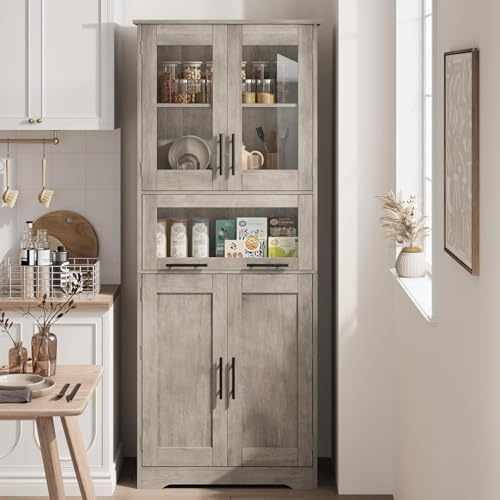 Armario de cocina de madera de 170 cm con 2 puertas de madera y 2 puertas de cristal, armario multiusos y 4 compartimentos, armario de bufet con cajón elevador, armario alto para cocina, salón, baño