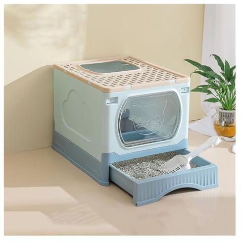 djurtoalett Hopfällbar kattsandlåda, extra stor ingång upptill med lock, XL for stora katter, Easy Clean Kitty kattlåda Standard kattlådor(Blue)