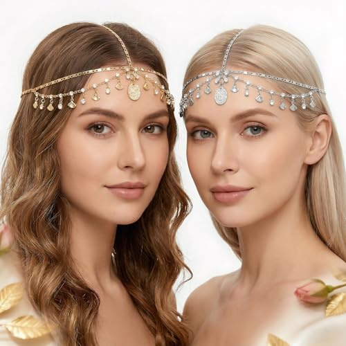 2 Stück Kopfschmuck,Kopfkette Gold/Silber,Boho Schmuck Haarkette,Haarschmuck Damen für Musikfestivals, Karneval und Themenpartys