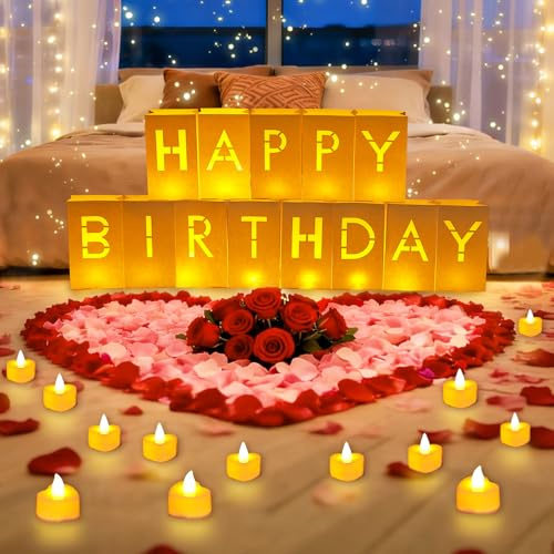 shaojian Valentines Day Decorations, Special Night Romantic Decorations with Light Up Letters Electric Flameless Candles & 2000 Fake Rose Petals, Luminary Paper Bags for Party Decor(Happy Birthday)