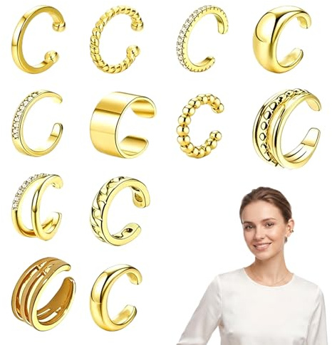 12 Pares Pendientes Mujer Sin Agujero Dorados, Pendientes de Clip Falsos Piercing Oreja Helix Cartílago, Pendientes Hipoalergénicos de Acero Inoxidable Pack Aros Pequeños Juego Joyería