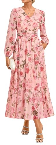 GRACE KARIN Women's A-line Maxi Dress Summer Floral Wedding Guest Dresses | Long Sleeve V-neck Chiffon Dress with Pockets, Zip Up, Shirred Back Waist, Wedding Party Holiday Dresses for Women UK