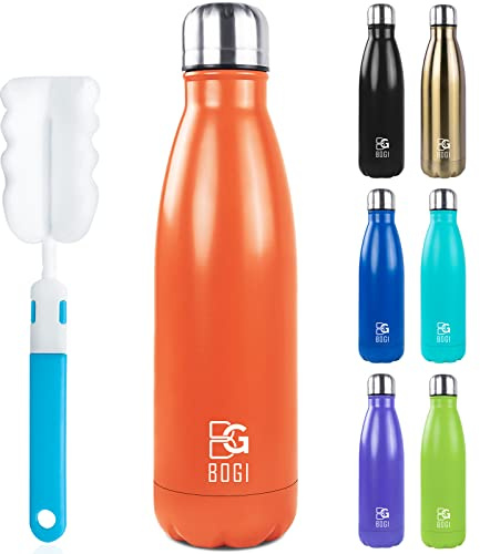 BOGI Insulated Water Bottles,500ml Metal Water Bottle,Leakproof Stainless Steel Water Bottle Keep Hot and Cold Water Bottle Bike Gym Sports Water Bottle with Cleaning Brush(Orange)
