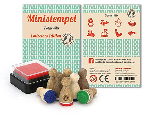Stemplino Stempelset Polartiere, 8 Ministempel aus Holz mit Stempelkissen für Karten, Scrapbooking und Bullet Journal