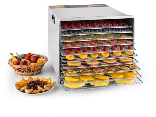 Klarstein Fruit Jerky Pro - Déshydrateur, Déshydrateur alimentaire, Retrait individuel, Température réglable, Grande surface de séchage, Minuterie, Ventilateur, 1000 watts, 10 étages, argent