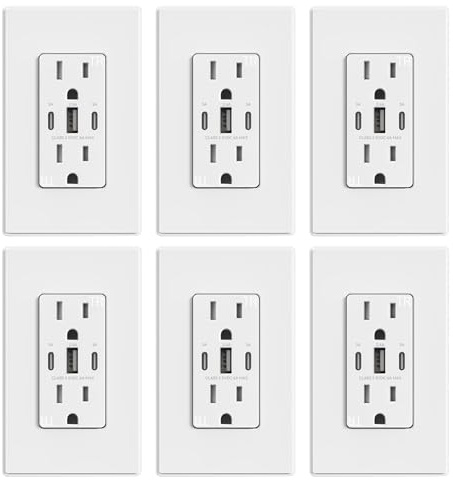 ELEGRP 30W 6.0 Amp 3-Port USB Wall Outlet, 15A Receptacle with Dual USB Type C & Type A Ports, USB Charger for iPhone/iPad/Samsung/LG/HTC/Android Devices, UL Listed, w/Wall Plate, 6 Pack, Matte White