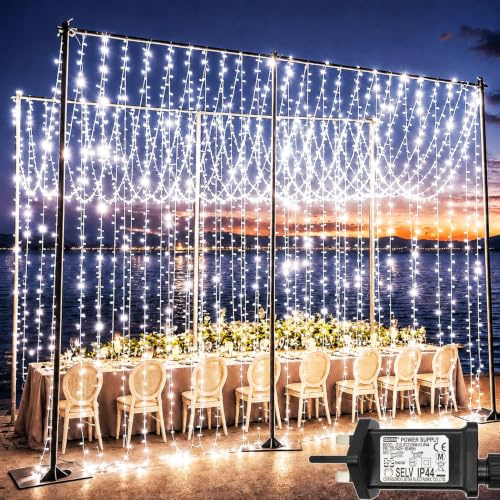 yowin Curtain Lights 600 LED Mains Powered Waterfall Fairy Lights | 6m x 3m Large 8 Modes Window Fairy Light Waterproof with Timer for Bedroom Gazebo Wedding Garden Outdoor Decor - White