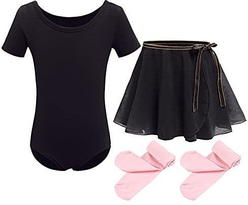 Kinder Mädchen Ballettkleidung Baumwolle Kurzarm Balletttrikot Turnanzug Tanzbody + Chiffon Wickelrock Tütü Rock Tanzkleid + Strumpfhose 3tlg Ballettanzug Schwarz 7-8 Jahre