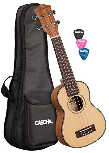 Cascha Spruce Solid Top Sopran Linkshänder Ukulele Erwachsene & Kinder - inkl. 3 Plektren & gepolsterte Tasche - Fichtenholz-Ukulele für Anfänger & Fortgeschrittene - Aquila Nylon Saiten