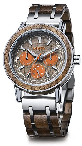 LeeEv Holzuhren für Herren, stilvolle Luxusuhr Holz und Edelstahl Wochendatum Chronograph Militär Quarz Armbanduhr