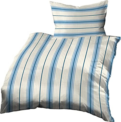 Gerald Wittmann Bed Sheets Double, Bed Linen 140 x 200 cm + 70 x 90 cm, Cotton Seersucker Striped Blue White