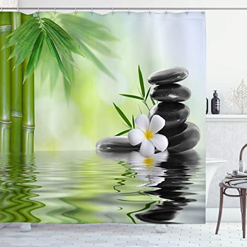 OCEUMACO 3D Zen Duschvorhang 200x200 Shower Curtains Textil Antischimmel Wasserdicht Orchidee Bambus Motiv Duschvorhänge Badewanne Lang Waschbar Stoff Dusche Vorhang mit Ringen - Grün 1