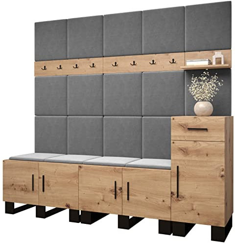 MEBLE KRYSPOL Garderobe Artin Set 8 mit gepolsterten Paneelen Industriell Design (Artisan Eiche + Manila 16 (Grau))