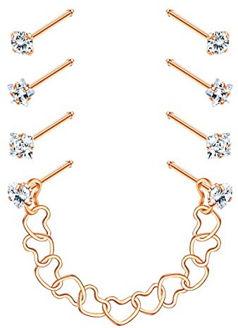Kakonia 4 Paar Edelstahl Nasenpiercing Stecker Set mit Kette(3,8-5 cm), CZ Knochen Nasenstecker und Nasenloch Herzkette Gold Silber Roségold Schwarz Nasenpiercing Schmuck für Damen Herren